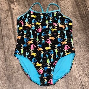 Kids Mermaid Print Swimsuit - Black and Blue